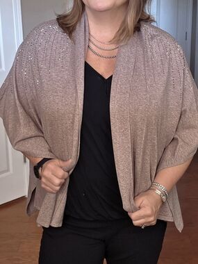 Chico's Beaded Open-Front Women's Sweater Cardigan - Taupe
